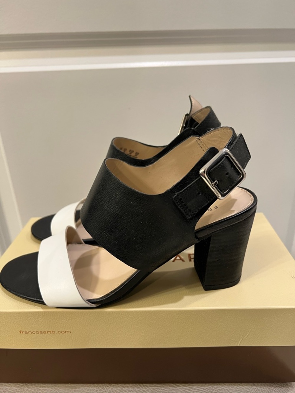 Franco Sarto Black and White Two‑Band Block Heel Sandals